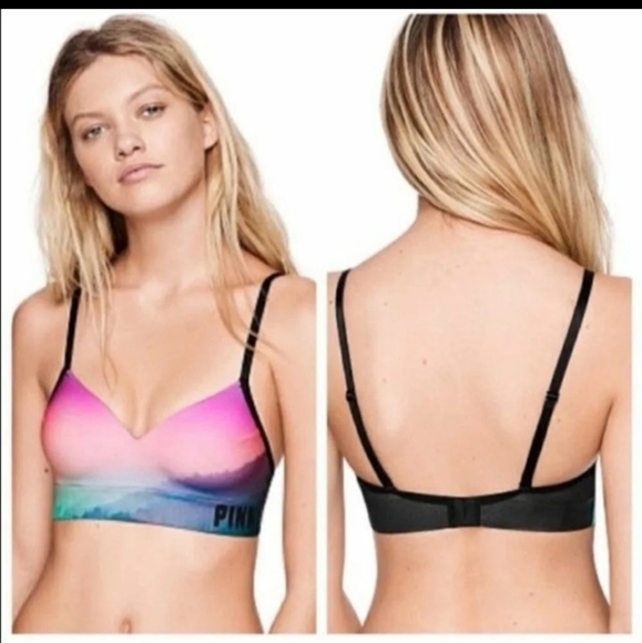 NEW VICTORIA'S SECRET PINK COOL & COMFY OMBRE DIP DYE SUNSET BRA & PANTY SET - Picture 2 of 7